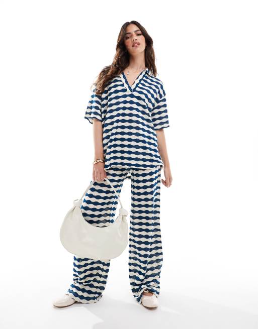 ASOS DESIGN textured v neck t-shirt and trouser co-ord in stripe in ...