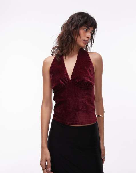 ASOS DESIGN textured velvet halterneck top in burgundy - view 1