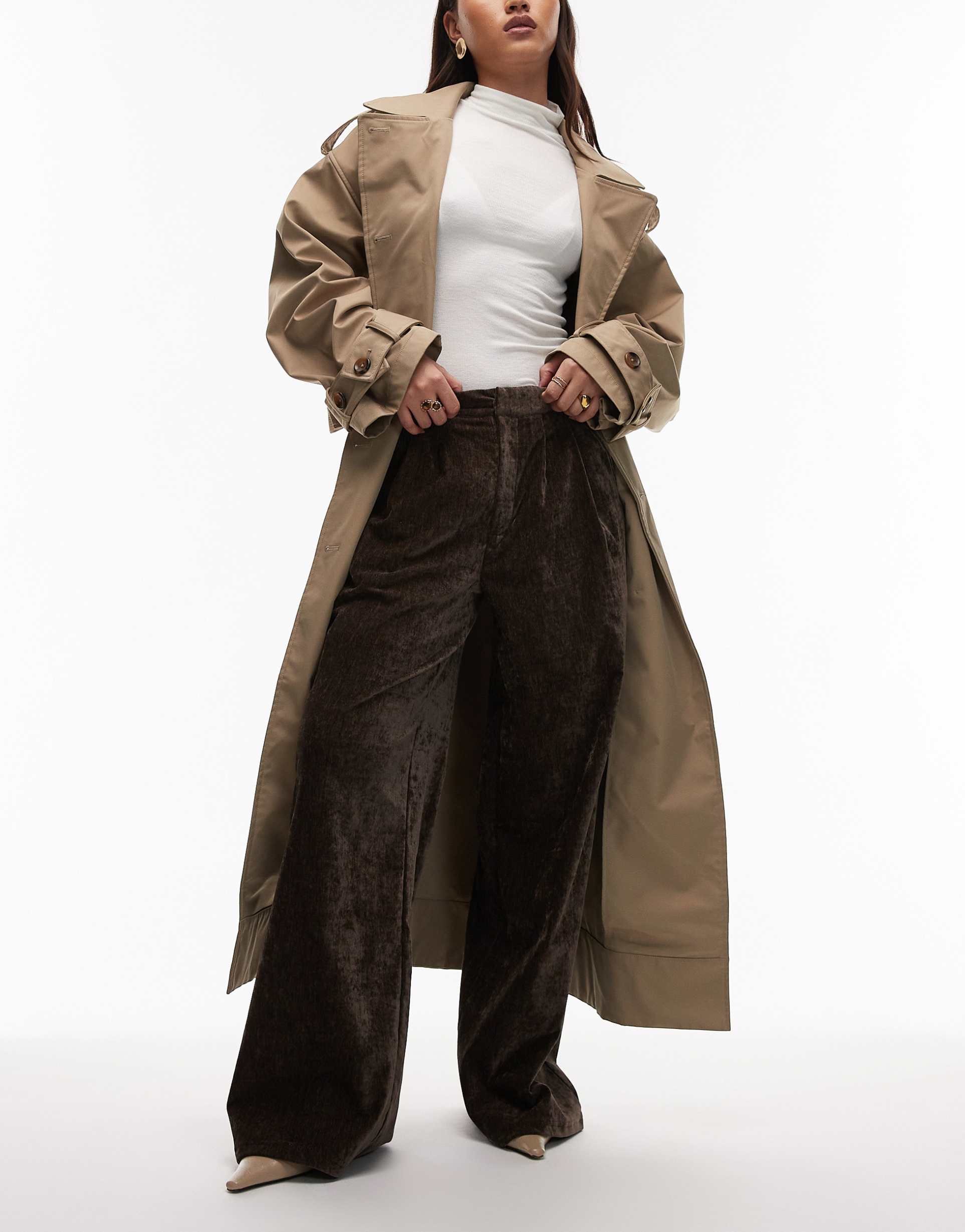asos design textured velvet tailored wide leg pants in chocolate