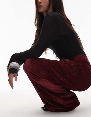 Asos Design Textured Velvet Wide Leg Pants In Burgundy