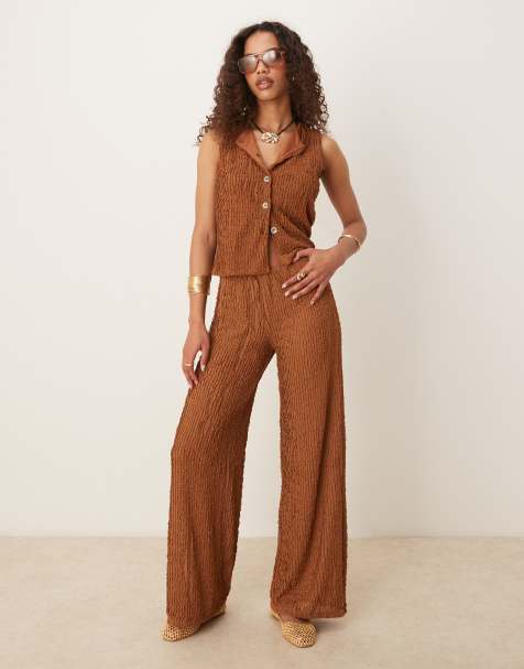 ASOS DESIGN textured vest top and wide leg pants set in brown - view 1