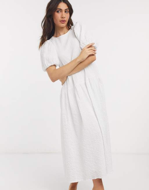 White puff sleeve midi hot sale dress