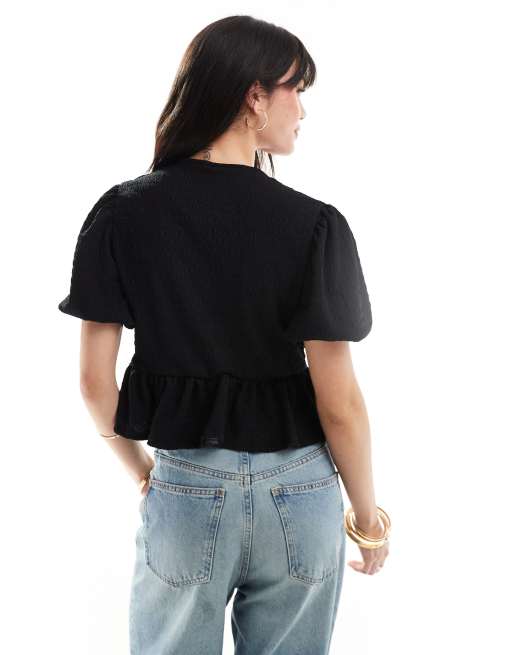 ASOS DESIGN textured volume sleeve tie front top black, 4 of 4