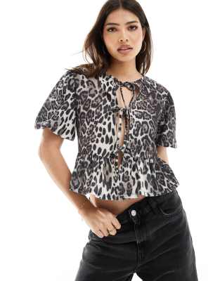 Asos Design Textured Volume Sleeve Tie Front Top In Animal-multi