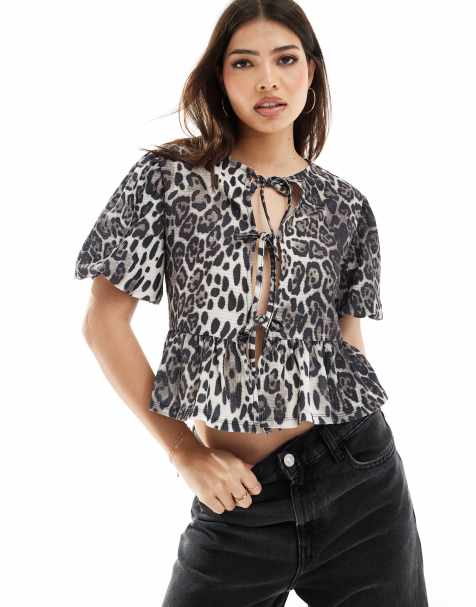 ASOS DESIGN textured volume sleeve tie front top in animal - view 1