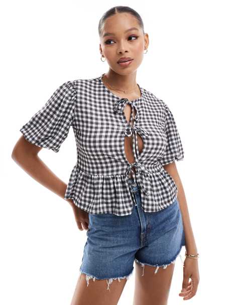 ASOS DESIGN textured volume sleeve tie front top in black gingham