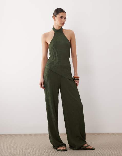 ASOS DESIGN textured wide leg co-ord trouser in khaki