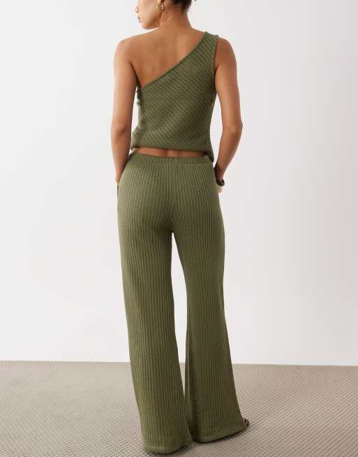 ASOS DESIGN textured wide leg crochet pants in khaki (part of a set), 2 of 5