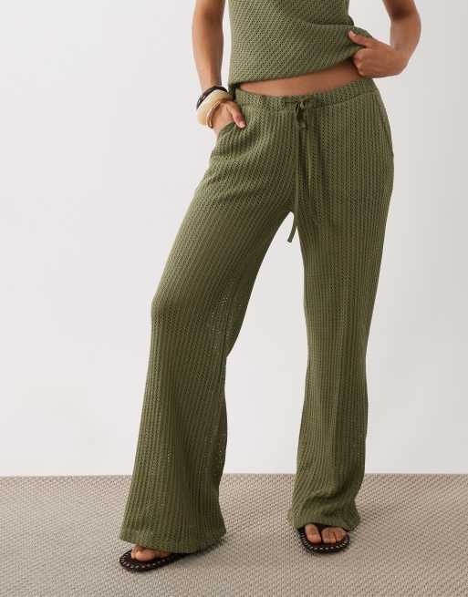 ASOS DESIGN textured wide leg crochet pants in khaki (part of a set), 4 of 5