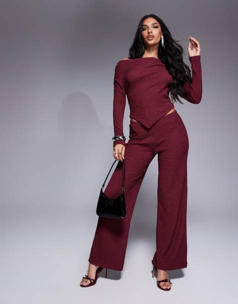 ASOS DESIGN textured wide leg pants in burgundy - part of a set - view 1