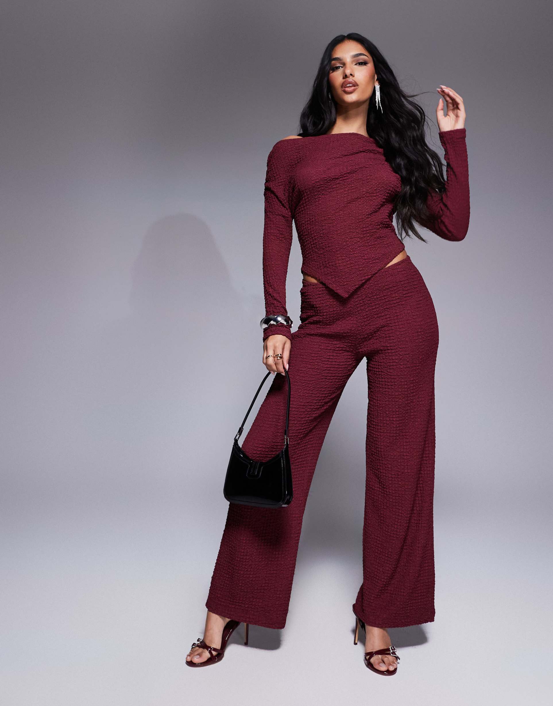 asos design textured wide leg pants in burgundy - part of a set