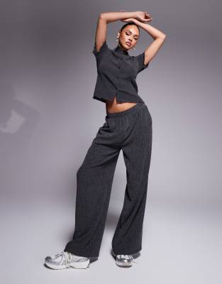 Asos Design Textured Wide Leg Pants In Charcoal-gray