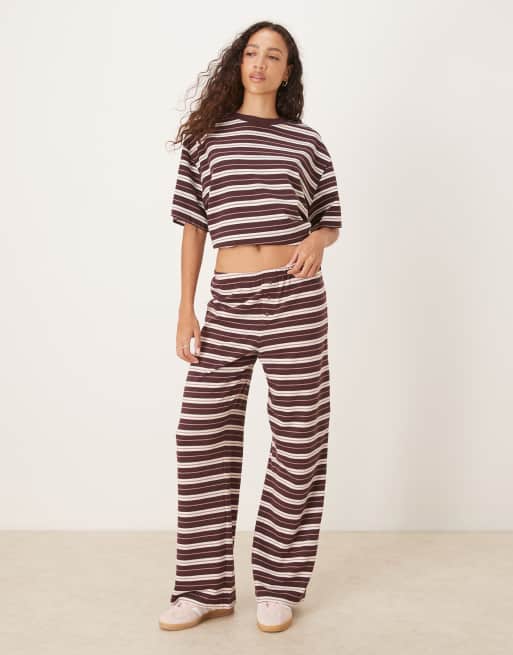 ASOS DESIGN textured wide leg pants in choc stripe