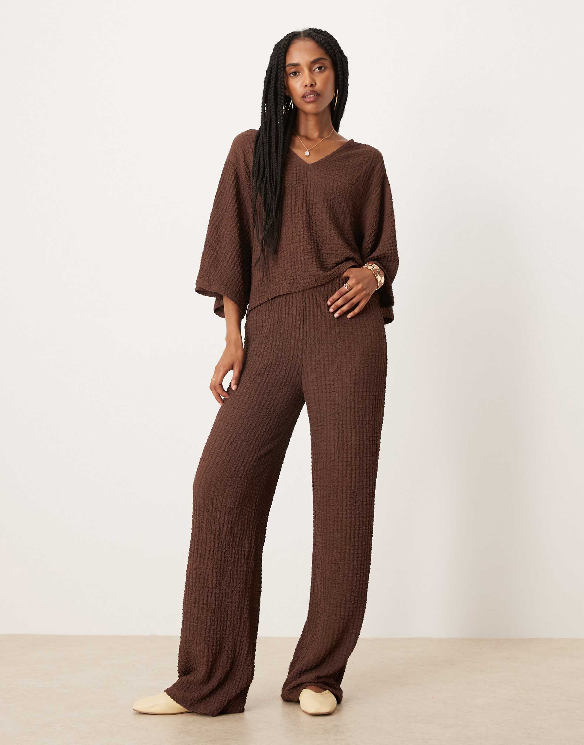 asos design textured wide leg pants in chocolate - part of a set