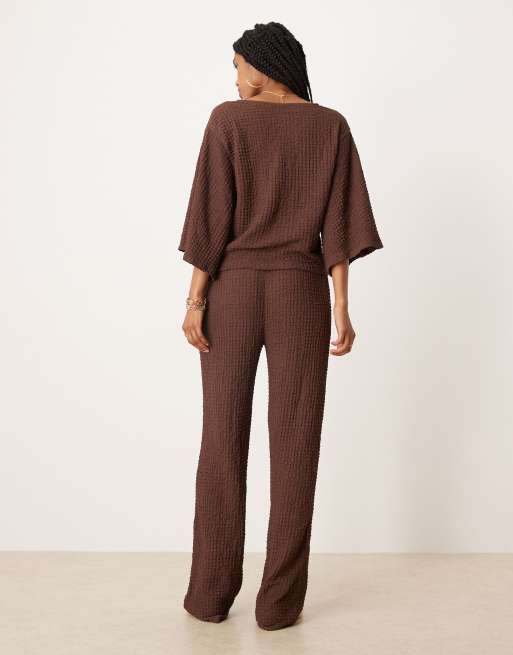ASOS DESIGN textured wide leg pants in chocolate (part of a set), 3 of 5