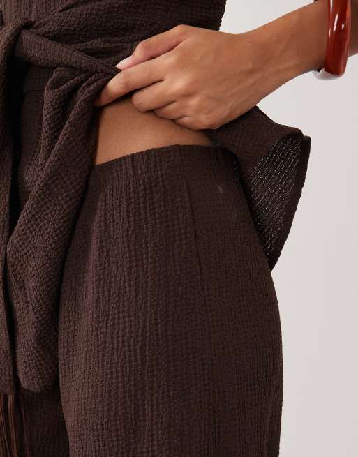 ASOS DESIGN textured wide leg pants in chocolate - part of a set, 3 of 5