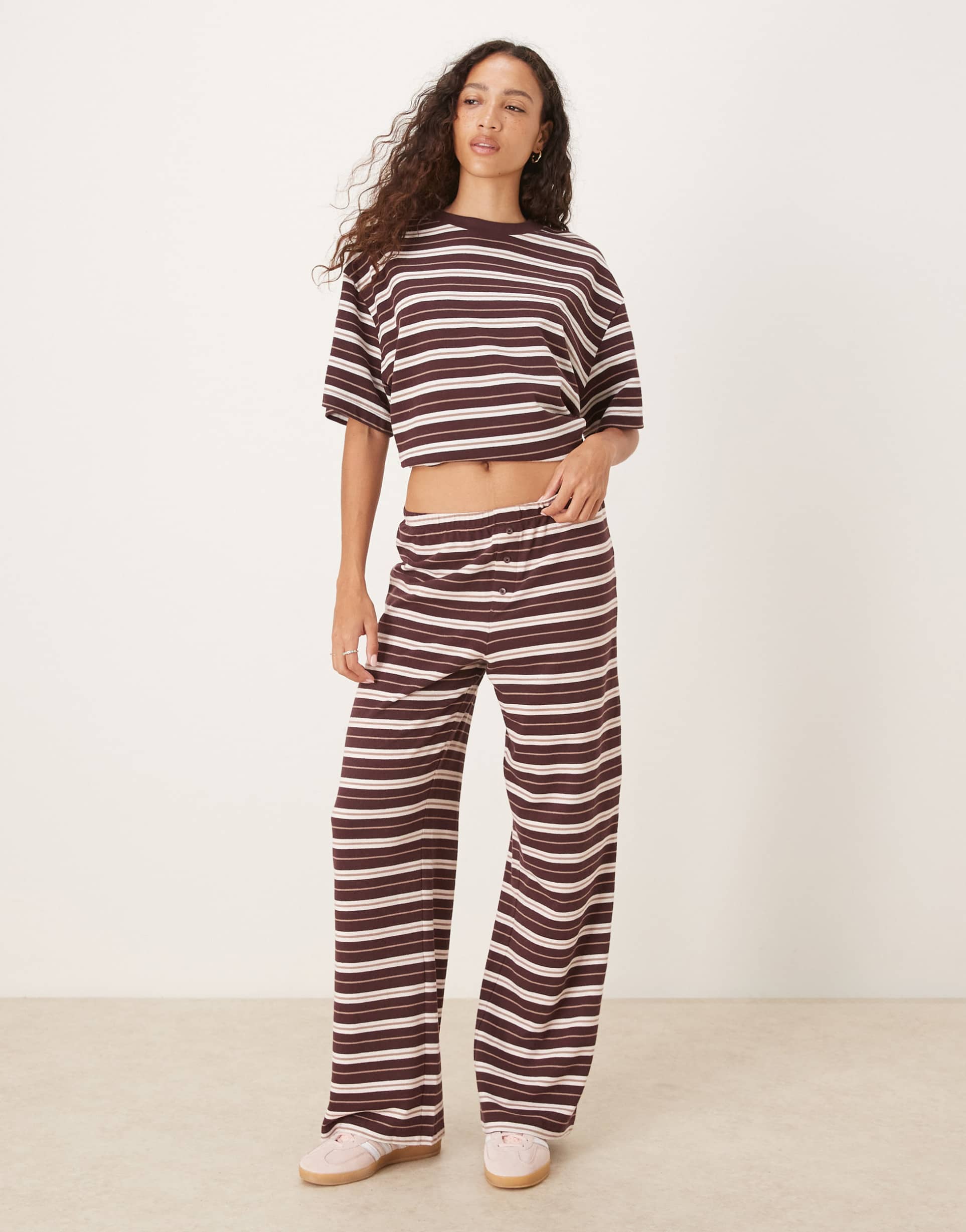asos design textured wide leg pants in chocolate stripes - part of a set