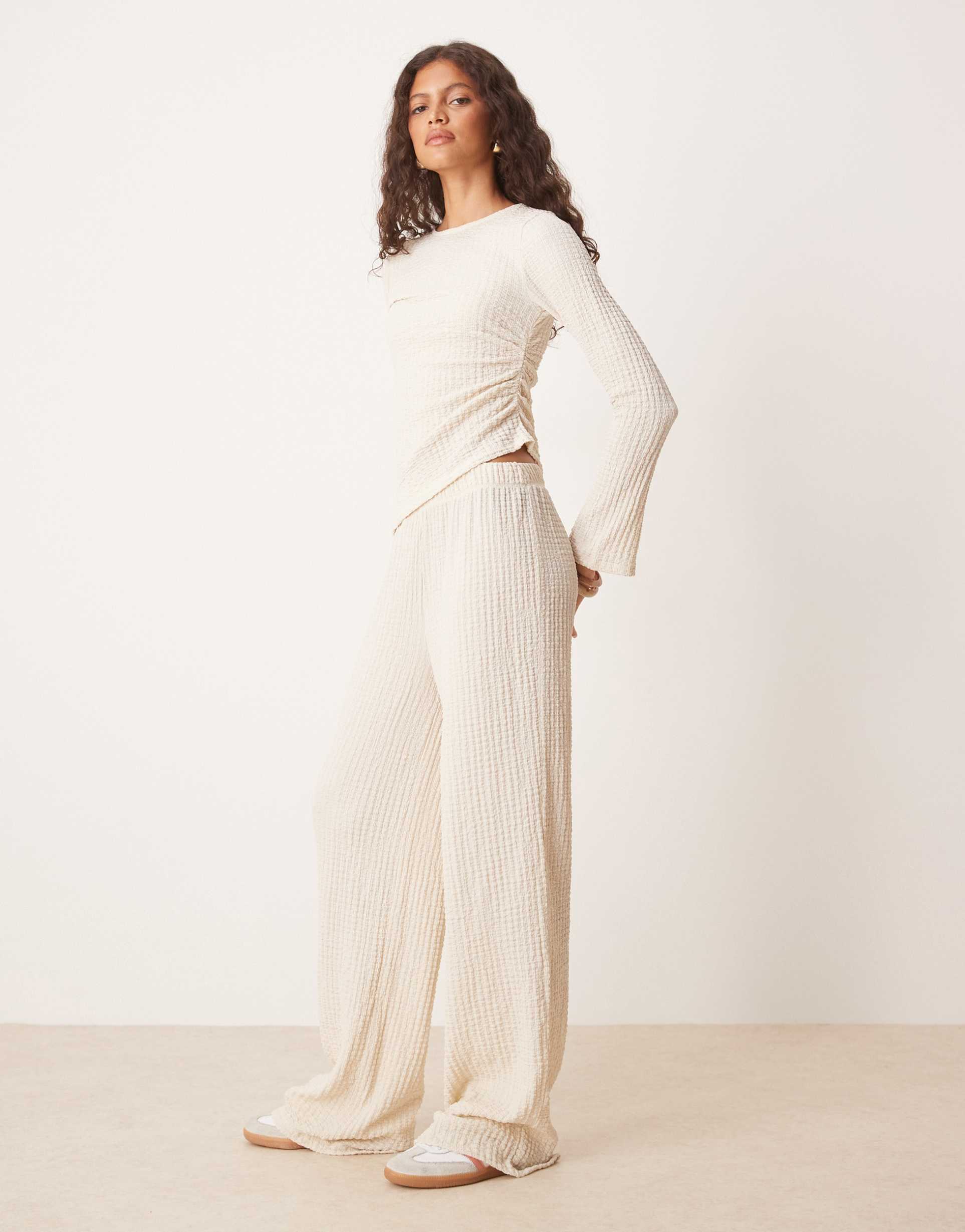 asos design textured wide leg pants in cream - part of a set