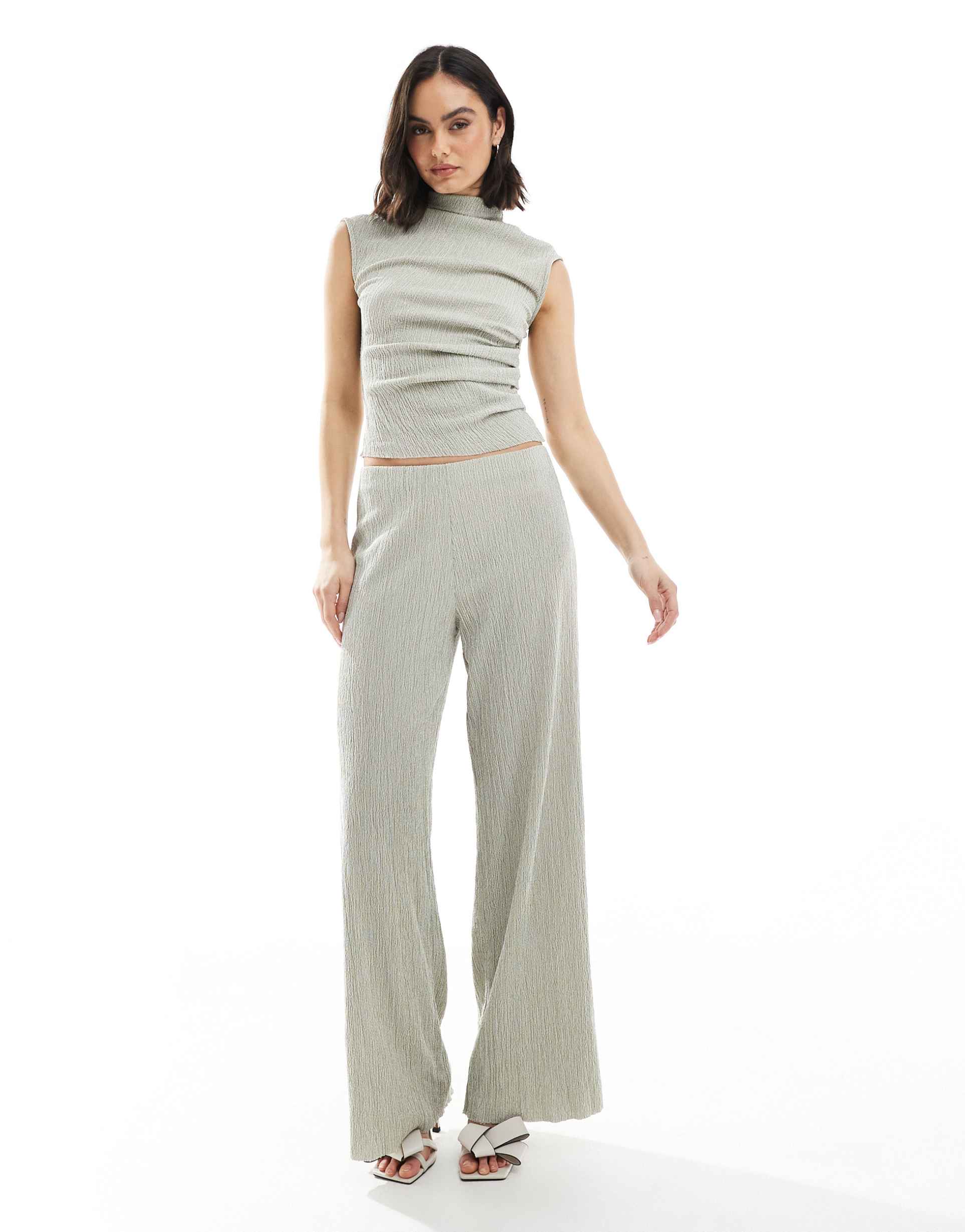 asos design textured wide leg pants in gray - part of a set