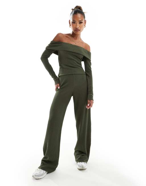 ASOS DESIGN textured wide leg pants in khaki (part of a set)