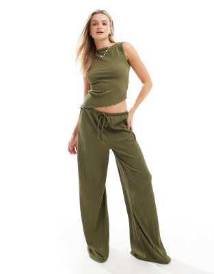 Asos Design Textured Wide Leg Pants In Khaki - Part Of A Set-green