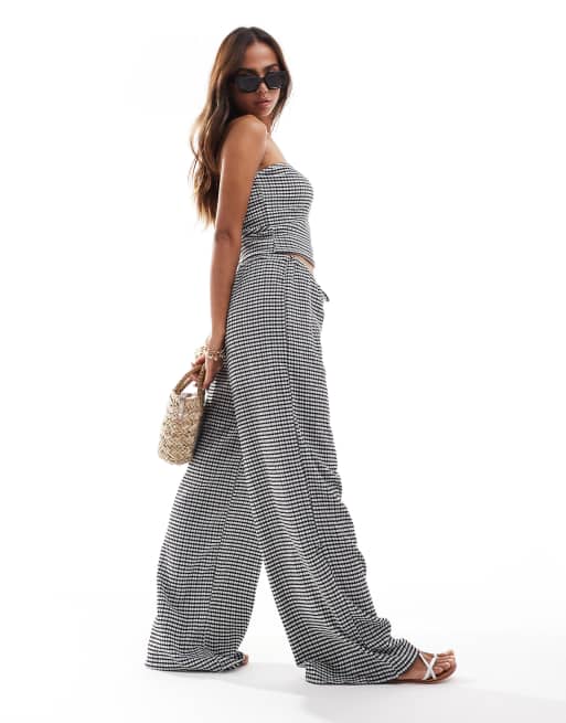 ASOS DESIGN textured wide leg pants in mono gingham print - part of a set