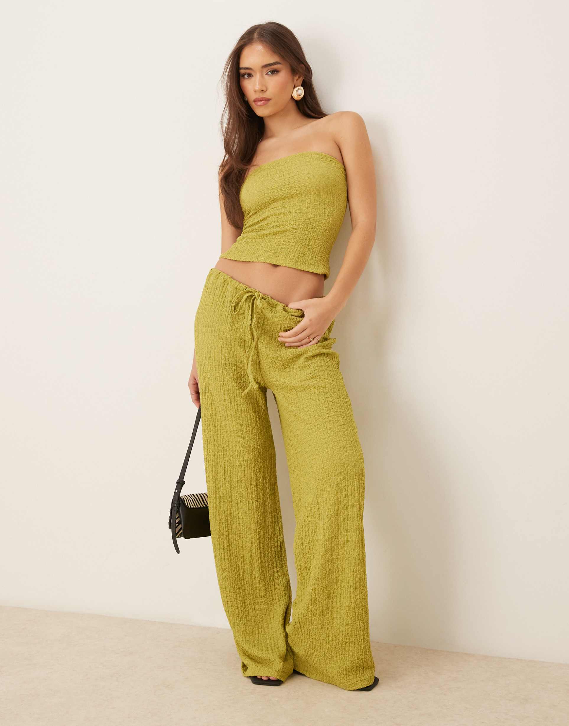 asos design textured wide leg pants in olive green - part of a set