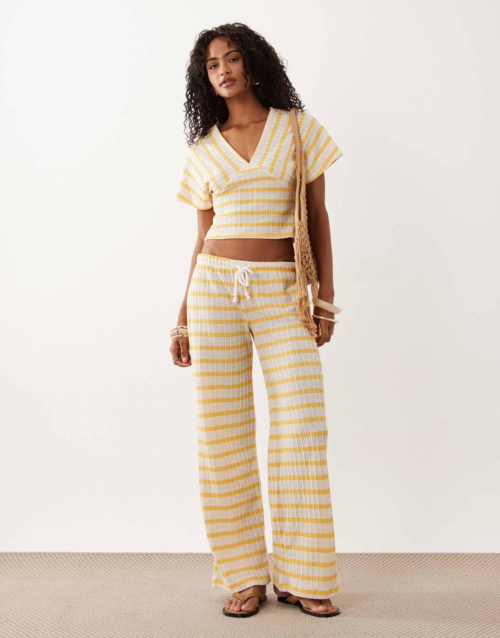 asos design textured wide leg pants in yellow stripes - part of a set