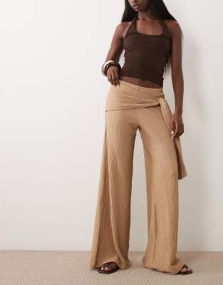 Asos Design Textured Wide Leg Pants With Tie Waist Detail In Brown