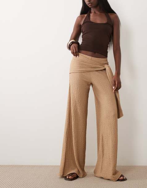 ASOS DESIGN textured wide leg pants with tie waist detail in stone (part of a set) - view 1
