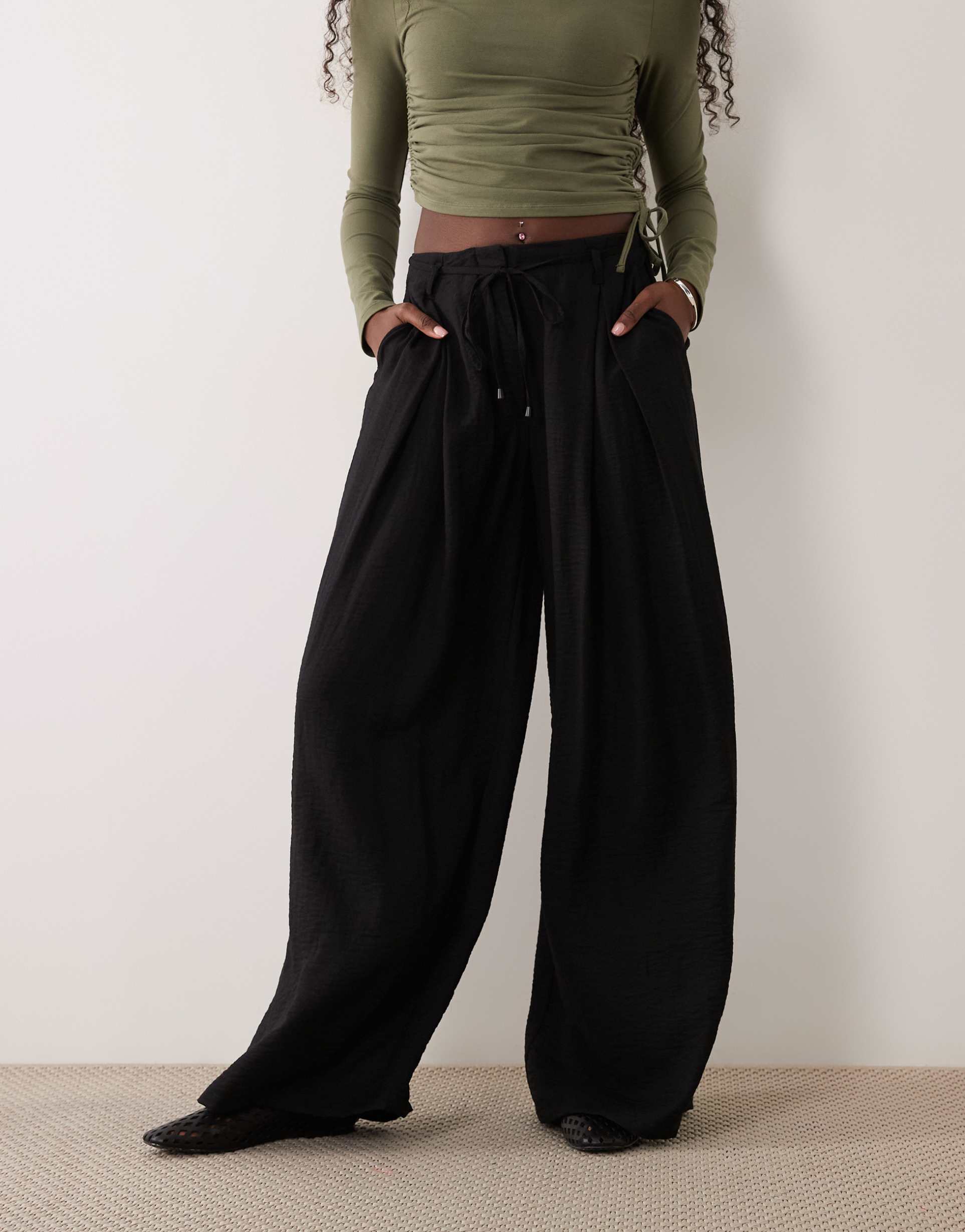 asos design textured wide leg pants with tie waist in black