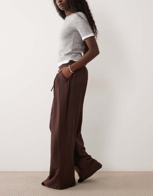 ASOS DESIGN textured wide leg pants with tie waist in chocolate, 3 of 5