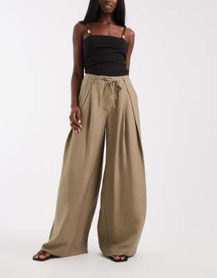 Asos Design Textured Wide Leg Pants With Tie Waist In Green