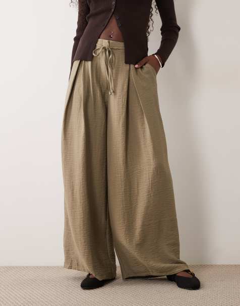 ASOS DESIGN textured wide leg pants with tie waist in khaki - view 1