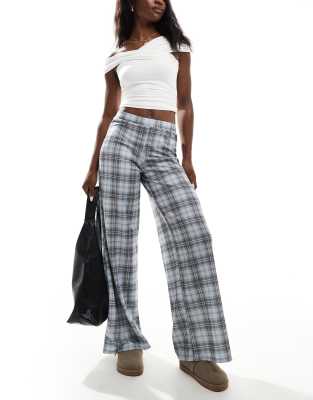 Asos Design Textured Wide Leg Pull On Pants In Blue Plaid-multi