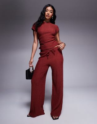 Asos Design Textured Wide Leg Pull-on Pants In Brown