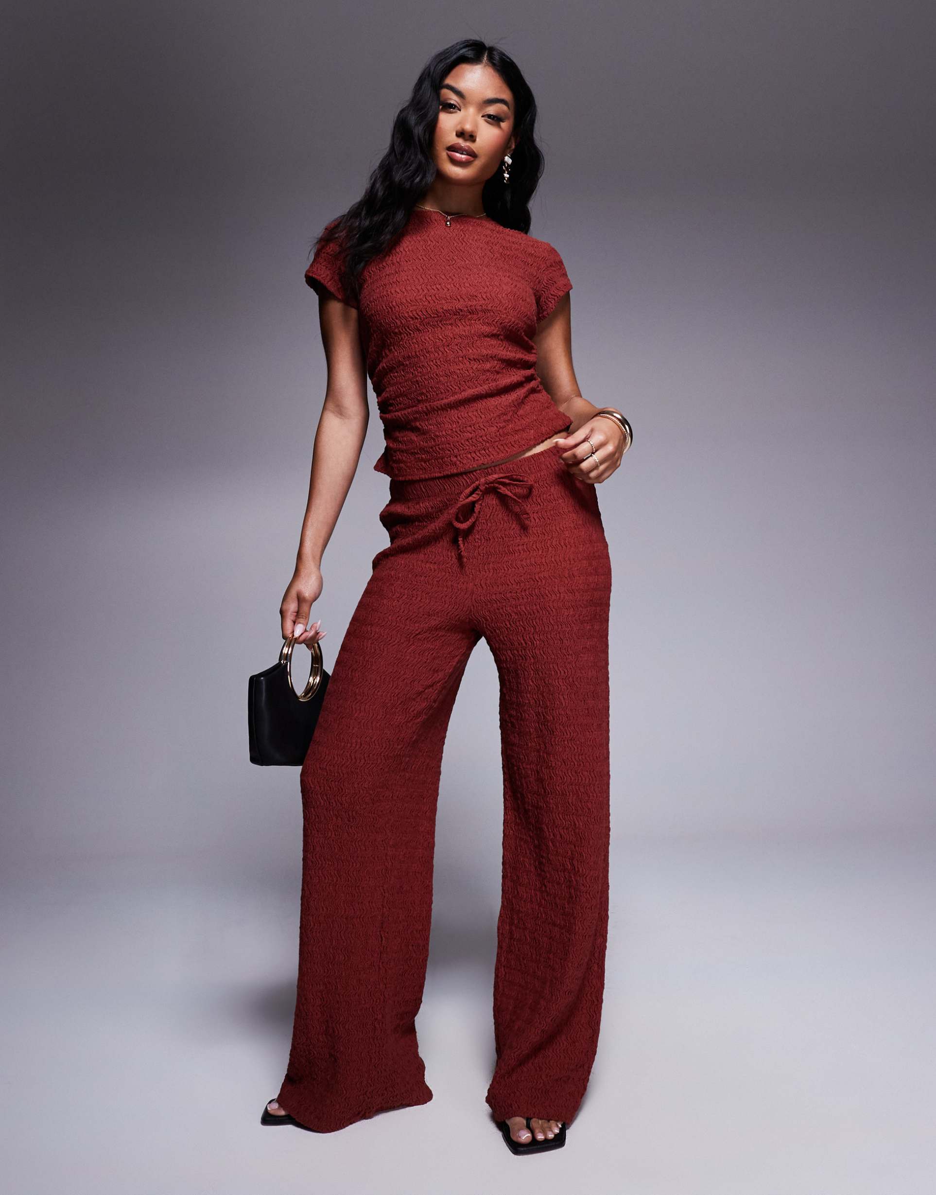 asos design textured wide leg pull-on pants in brown