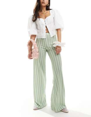 textured wide leg pull on pants in green stripe-Multi