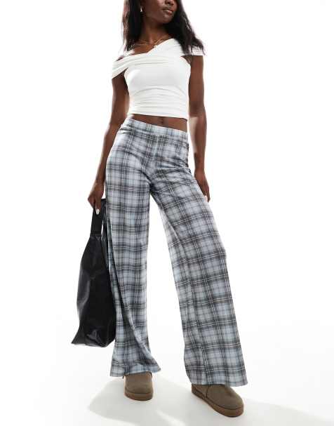 ASOS DESIGN textured wide leg pull on trousers in blue check - view 1