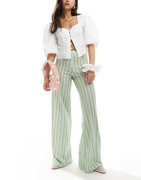 ASOS DESIGN textured wide leg pull on trousers in green stripe - view 1