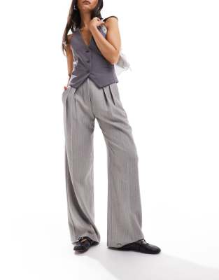 textured wide leg tailored pants in herringbone-Gray