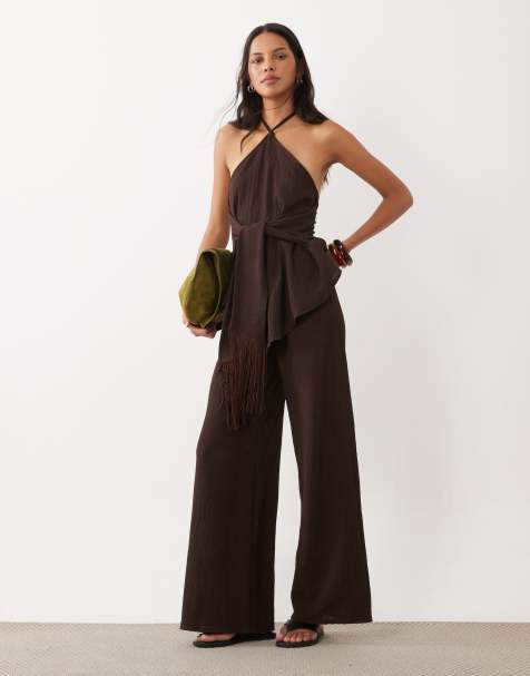 ASOS DESIGN textured wide leg trouser co-ord in chocolate - view 1