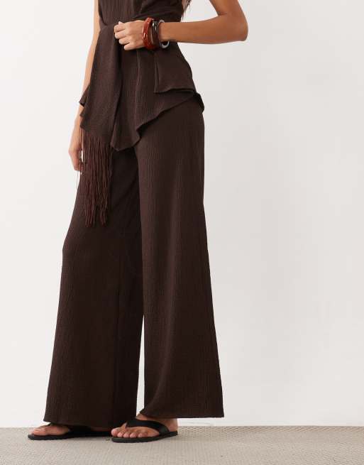 ASOS DESIGN textured wide leg trouser co-ord in chocolate, 2 of 5