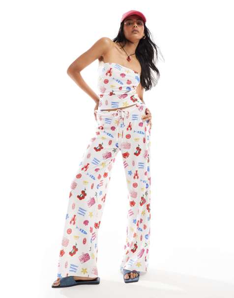 ASOS DESIGN textured wide leg trouser co-ord in summer food print - view 1
