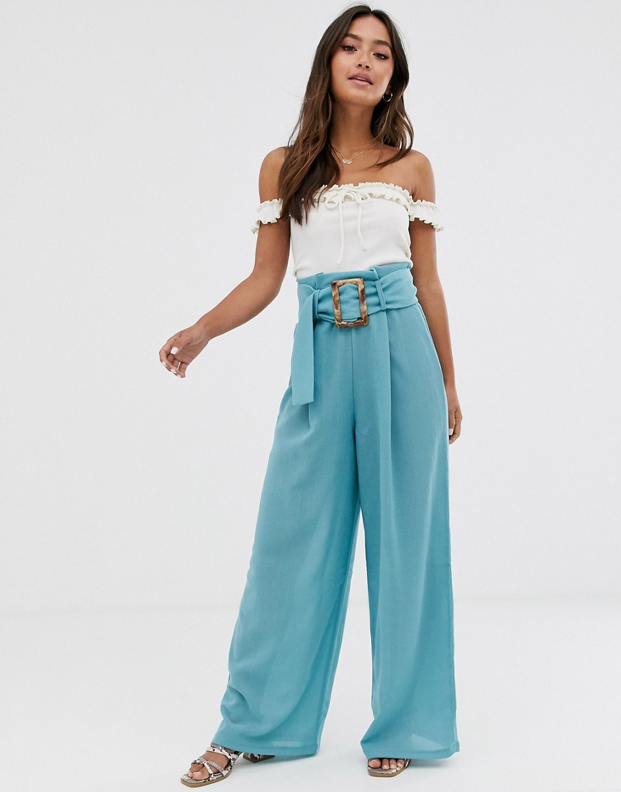 ASOS DESIGN textured wide leg trouser with buckle-Blue