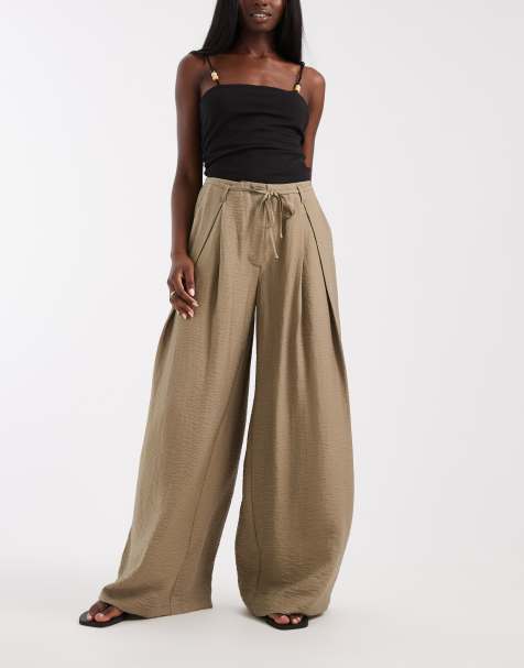 ASOS DESIGN textured wide leg trousers with tie waist in khaki - view 1