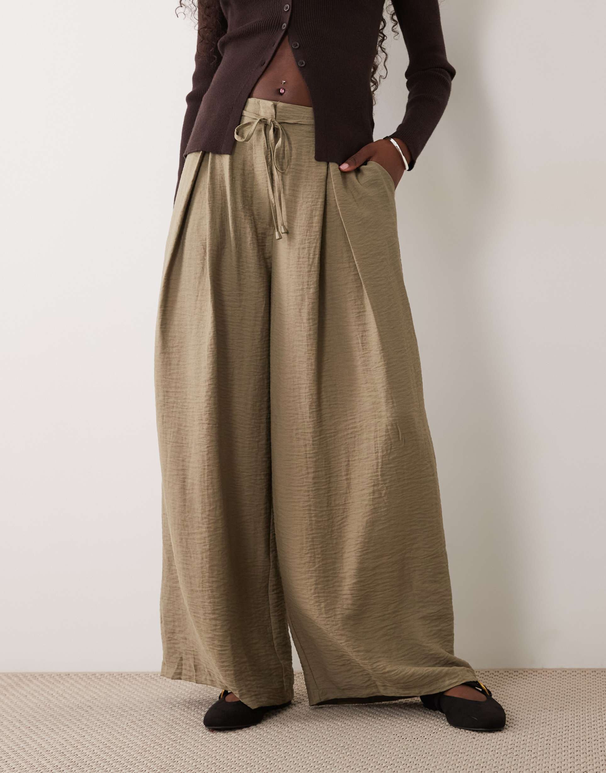 ASOS DESIGN textured wide leg trousers with tie waist in khaki