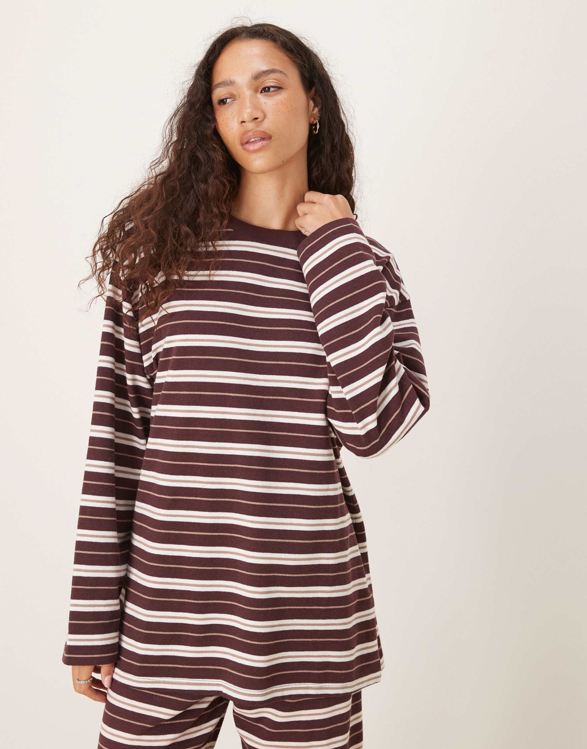 asos design textured wide sleeve top in chocolate & cream stripes - part of a set