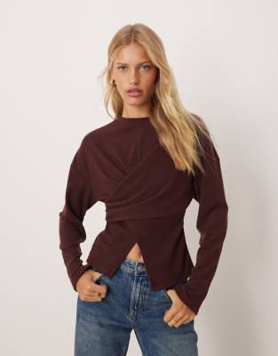 Asos Design Textured Wrap Detail Long Sleeve Top In Brown