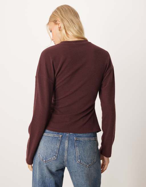 ASOS DESIGN textured wrap detail long sleeve top in burgundy, 3 of 4